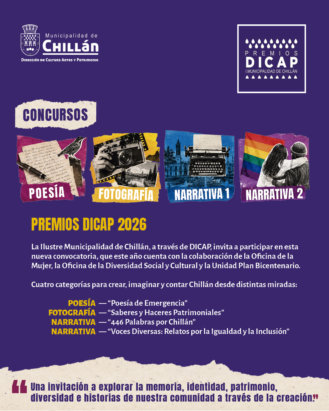 La Ilustre Municipalidad de Chillán lanza los Premios DICAP 2026, que incluyen poesía, fotografía y narrativa