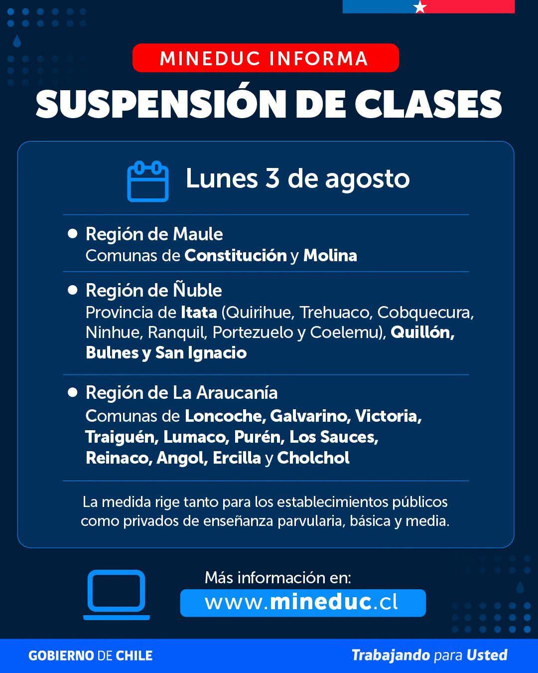 Suspensión de clases en comunas de la región debido a condiciones climáticas adversas pronosticadas para el lunes 3 de agosto