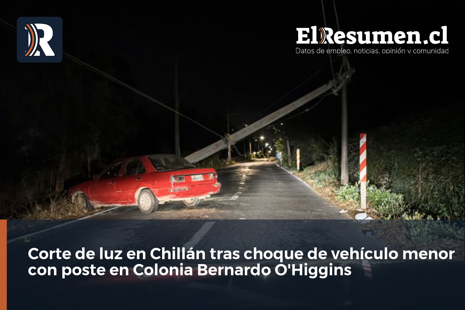 Corte de luz en Chillán tras choque de vehículo menor con poste en Colonia Bernardo O'Higgins